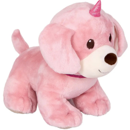 Rosa Plüschhund mit Schlappohren, brauner Nase und kleinem glitzerndem pinken Einhorn-Horn auf dem Kopf.