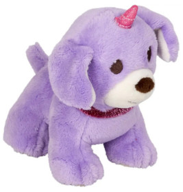 Lila Plüschhund mit rosa Einhornhorn und funkelndem Halsband, blickt leicht nach rechts.