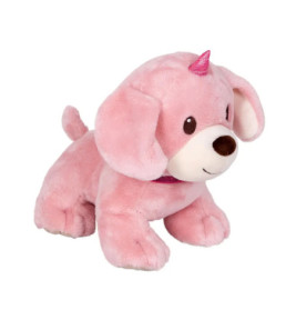 Rosa Plüschhund mit Schlappohren und kleinem Einhorn-Horn auf dem Kopf.