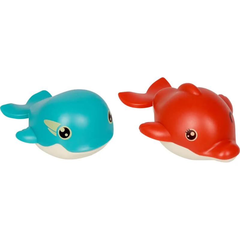 Zwei Spielzeug-Meerestiere, einer blau, einer rot, beide mit freundlichen Augen und Lächeln.