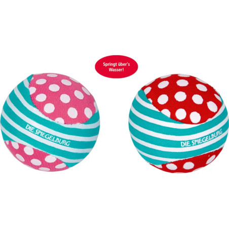 Zwei bunte Bälle mit Punkten und Streifen, beschriftet mit Die Spiegelburg, vor weißem Hintergrund.
