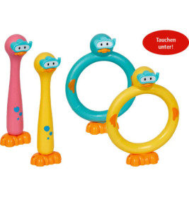 Vier bunte, entenförmige Pool-Taucher-Spielzeuge, zwei längliche, zwei ringförmige, mit Schnorchelmasken.