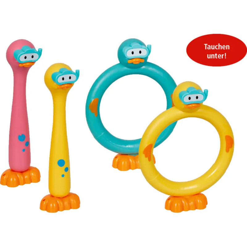 Vier bunte, entenförmige Pool-Taucher-Spielzeuge, zwei längliche, zwei ringförmige, mit Schnorchelmasken.