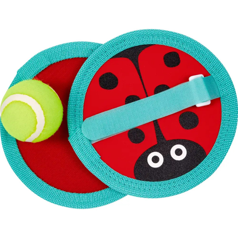 Runde Marienkäfer-Fangpaddel mit Tennissball, türkis umrandet, eines mit Handschlaufe.