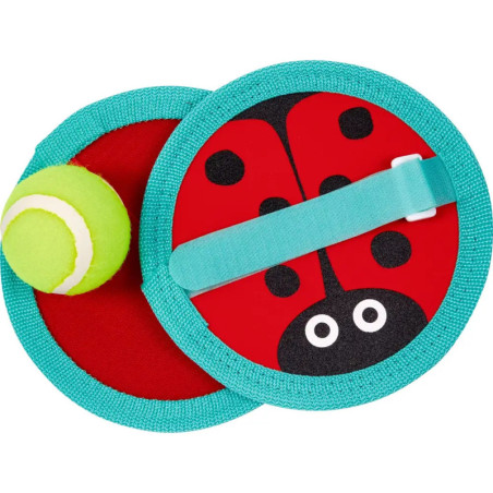 Runde Marienkäfer-Fangpaddel mit Tennissball, türkis umrandet, eines mit Handschlaufe.