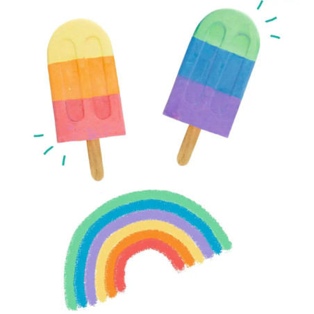 Zwei bunte Eis am Stiel und eine Regenbogen-Illustration auf weißem Hintergrund.