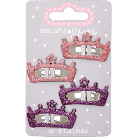 Vier glitzernde Kronen-Haarklammern, je zwei rosa und lila, auf gepunkteter Kartenverpackung.