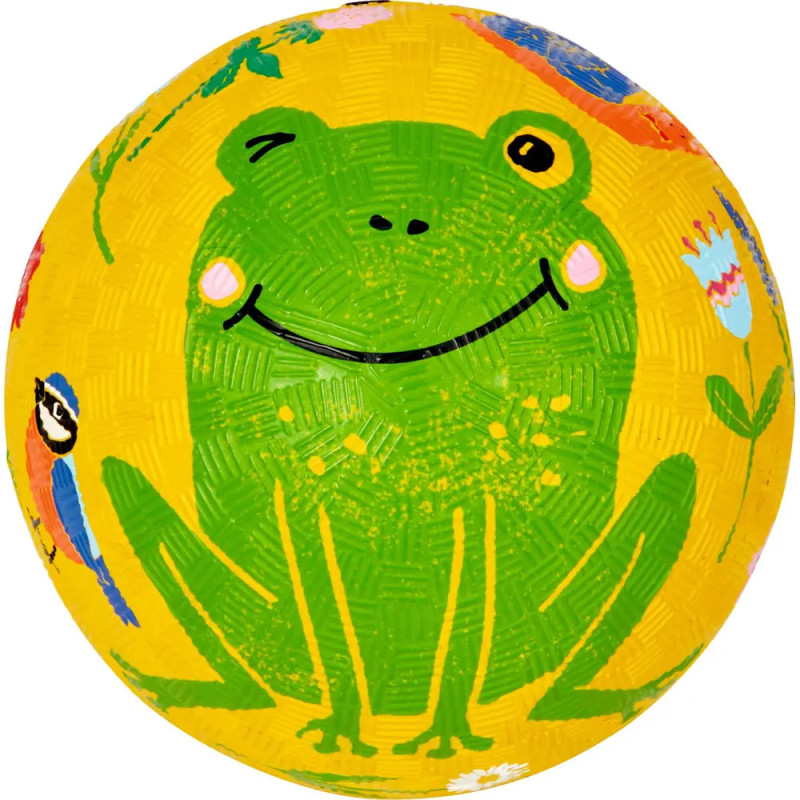 Gelber Ball mit lachendem Frosch, Blumen und einem blauen Vogel als Illustration auf der Oberfläche.