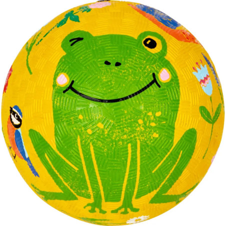 Gelber Ball mit lachendem Frosch, Blumen und einem blauen Vogel als Illustration auf der Oberfläche.