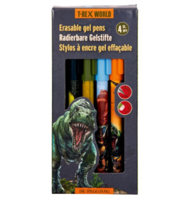 Box mit T-Rex World radierbaren Gelstiften, Dinosauriermotiv, vier sichtbare Farben.