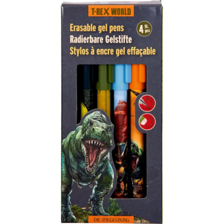 Box mit T-Rex World radierbaren Gelstiften, Dinosauriermotiv, vier sichtbare Farben.