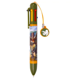 Mehrfarbiger Stift mit Dinosauriermotiv und rundem Dino-Anhänger am oberen Ende.