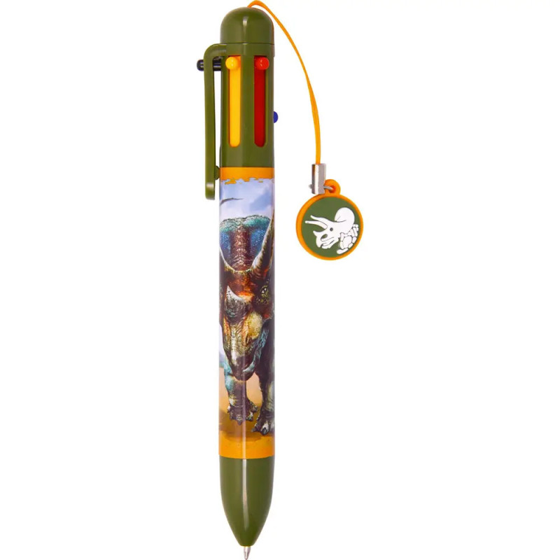 Mehrfarbiger Stift mit Dinosauriermotiv und rundem Dino-Anhänger am oberen Ende.