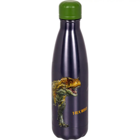 Schwarze Trinkflasche mit grünem Deckel, T-Rex-Motiv und Aufschrift T-Rex World.