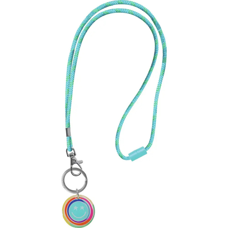 Ein blau-grünes Band mit Metallhaken und farbigem Smiley-Anhänger.