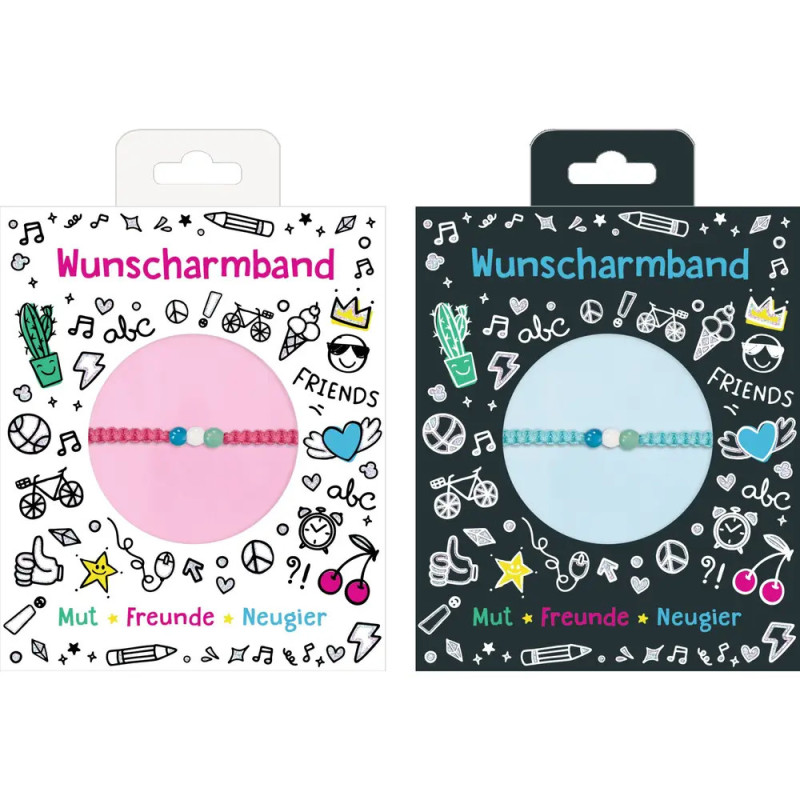 Zwei Wunscharmbänder in rosa und blauer Verpackung mit Zeichnungen und deutscher Beschriftung.