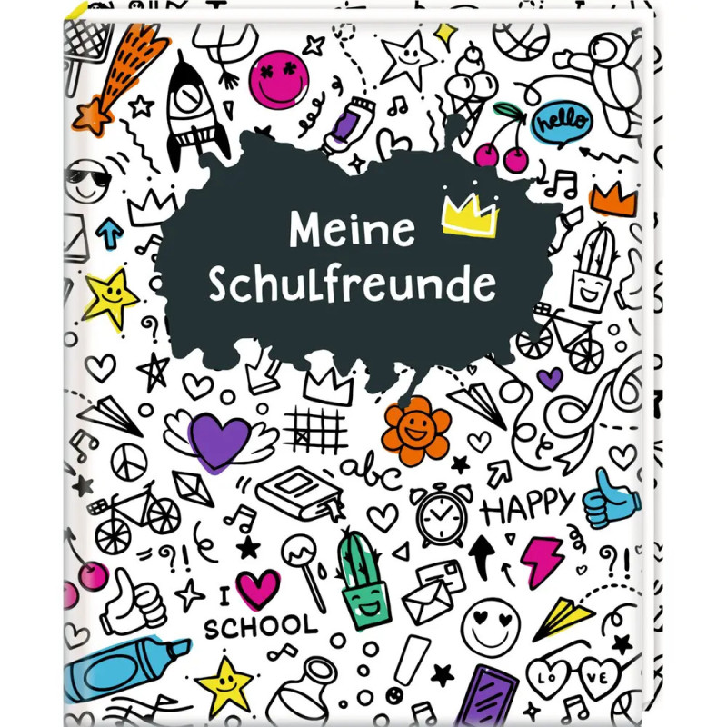 Notizbuch mit Kritzeleien, Schriftzug Meine Schulfreunde und gelber Krone auf dem Cover.