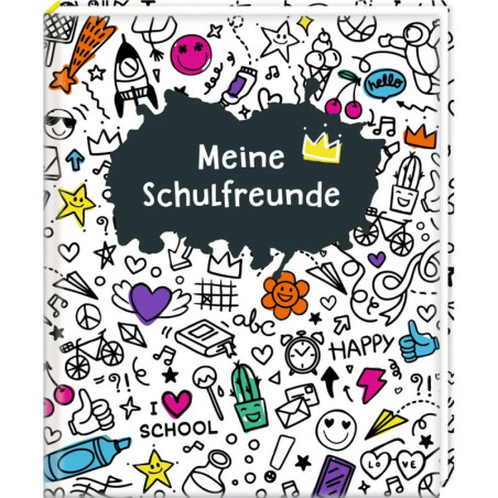 Notizbuch mit Kritzeleien, Schriftzug Meine Schulfreunde und gelber Krone auf dem Cover.