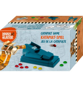 Box des Lenny Hunter Katapult-Spiels mit Abbildungen von Katapult und bunten Spielscheiben.
