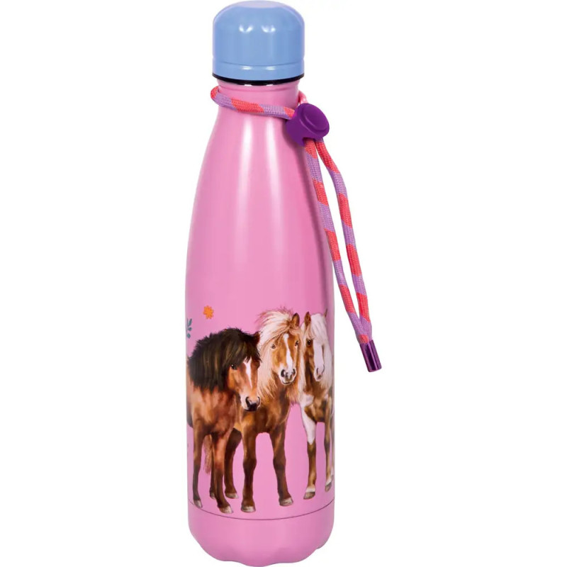Pinke Trinkflasche mit drei Pferdemotiven, lila-pinkem Trageriemen und blauem Deckel.