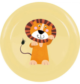 Ein Cartoon-Löwe mit gestreifter Mähne lächelt auf einem hellgelben Teller.