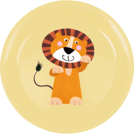 Ein Cartoon-Löwe mit gestreifter Mähne lächelt auf einem hellgelben Teller.