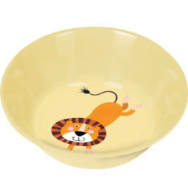 Gelbe Schüssel mit einem lachenden Löwen im Comicstil und gestreifter Mähne am Boden.