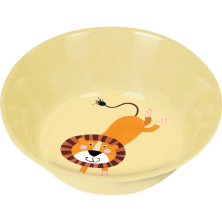 Gelbe Schüssel mit einem lachenden Löwen im Comicstil und gestreifter Mähne am Boden.