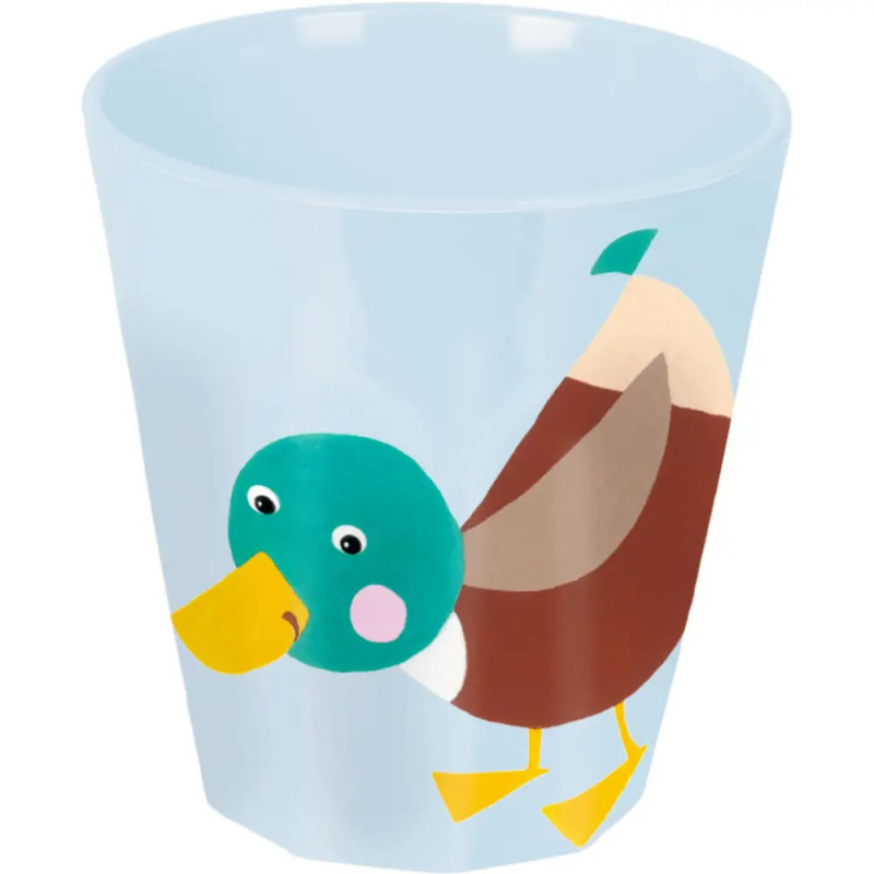 Hellblaue Tasse mit gezeichnetem Entchen: grüner Kopf, gelber Schnabel, brauner Körper. Hellblaue Tasse mit gezeichnetem Entchen: grüner Kopf, gelber Schnabel, brauner Körper.