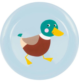 Illustration einer lächelnden Ente mit grünem Kopf auf einem hellblauen Teller.