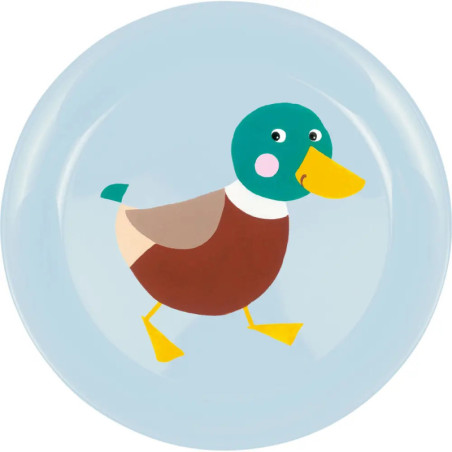Illustration einer lächelnden Ente mit grünem Kopf auf einem hellblauen Teller.