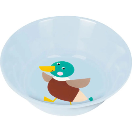 Hellblaue Schüssel mit einer Comic-Entenzeichnung am Boden.