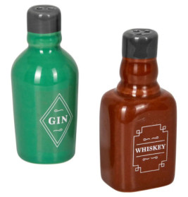 Zwei Flaschenstreuer, beschriftet mit Gin (grün) und Whiskey (braun), auf weißem Hintergrund.