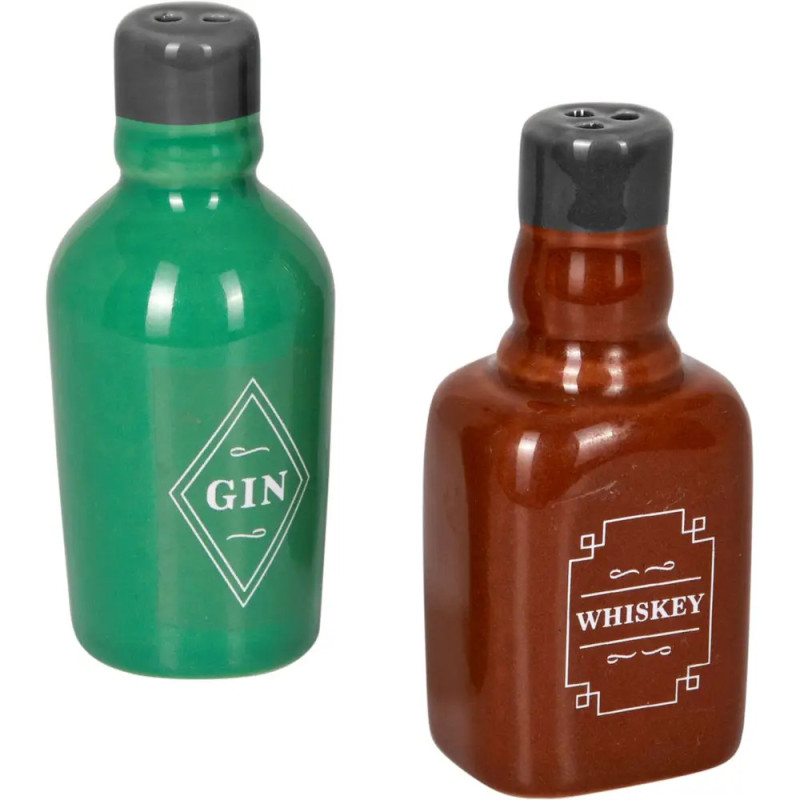 Zwei Flaschenstreuer, beschriftet mit Gin (grün) und Whiskey (braun), auf weißem Hintergrund.