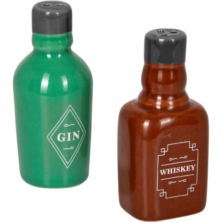 Zwei Flaschenstreuer, beschriftet mit Gin (grün) und Whiskey (braun), auf weißem Hintergrund.