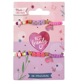 Zwei bunte BFF-Armbänder auf rosa Karte mit Best friends-Schriftzug, Herz und Einhorn.