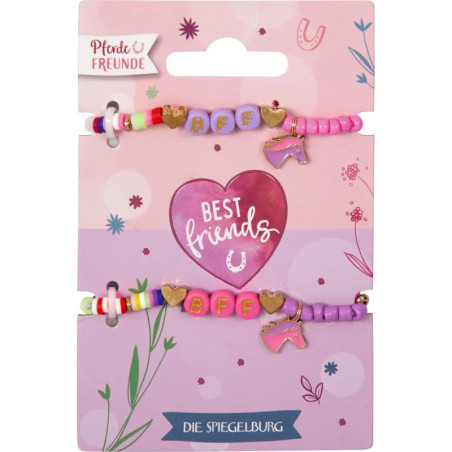 Zwei bunte BFF-Armbänder auf rosa Karte mit Best friends-Schriftzug, Herz und Einhorn.