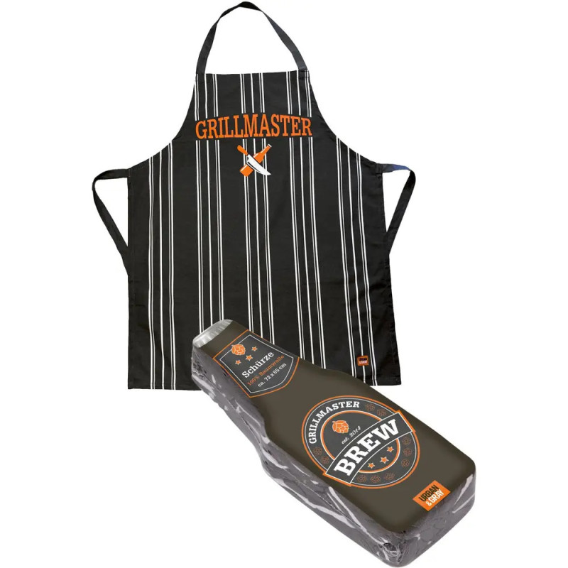 Schwarze Schürze mit GRILLMASTER-Schriftzug und Grillbesteck neben grillflaschenförmigem Set.