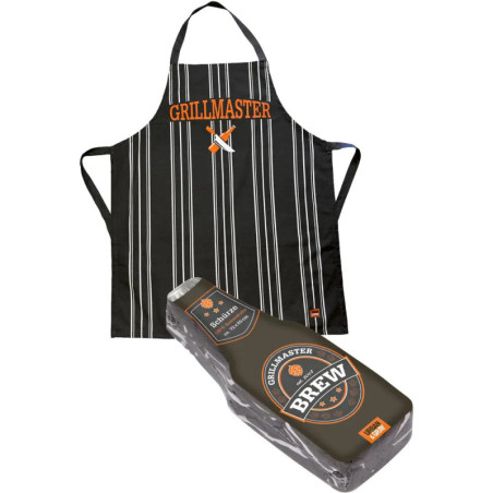 Schwarze Schürze mit GRILLMASTER-Schriftzug und Grillbesteck neben grillflaschenförmigem Set.