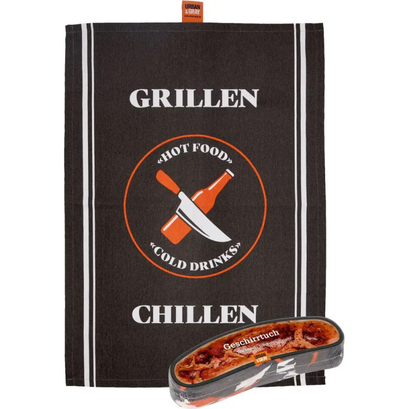 Schwarzes Handtuch mit Grillen Chillen, Kreuz aus Messer und Flasche, Behälter Geschirrtuch.