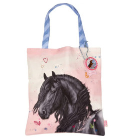 Tote-Tasche mit schwarzem Pferdemotiv, blauen Streifen-Henkeln und rosa Hintergrund mit Herzen und Blumen.