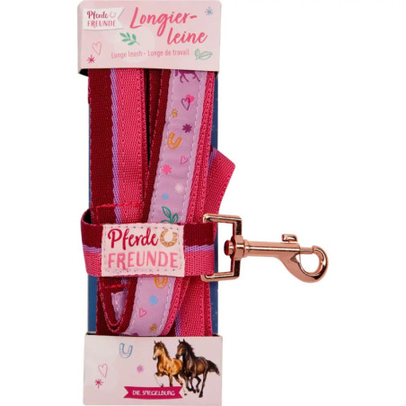 Pinke und rote Führleine für Pferde mit Cartoon-Pferden sowie Herz-, Hufeisen- und Sternmotiven. Pinke und rote Führleine für Pferde mit Cartoon-Pferden sowie Herz-, Hufeisen- und Sternmotiven.