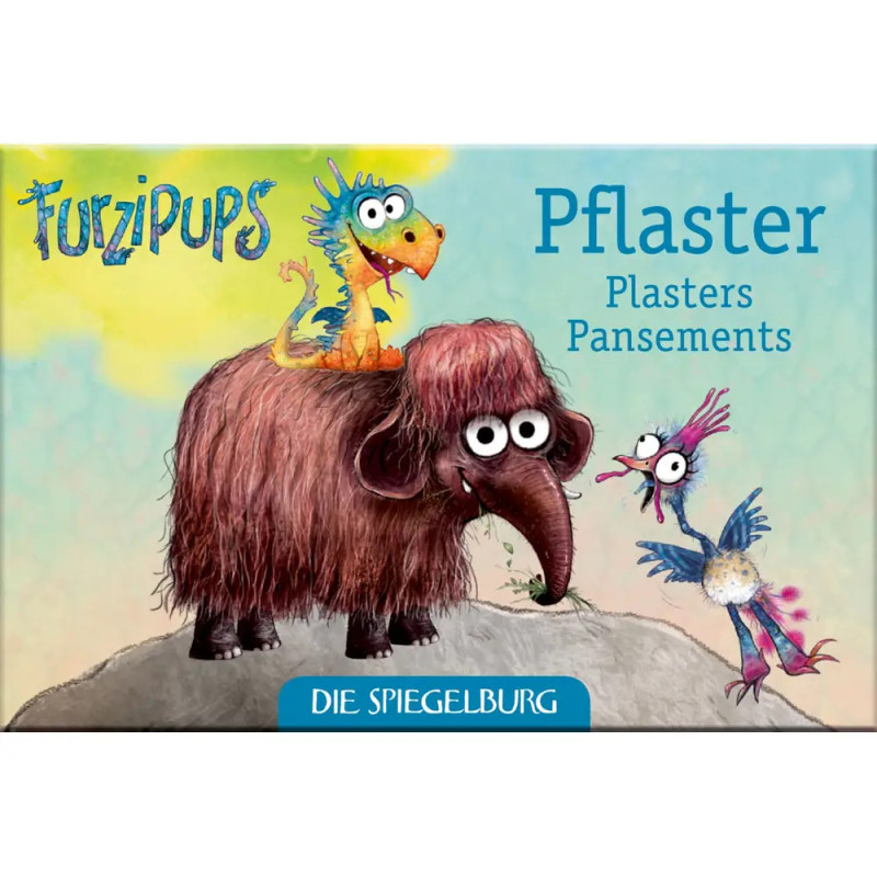 Cartoon-Mammut, Drache und Vogel auf bunter Pflasterbox mit Schriftzug Die Spiegelburg.