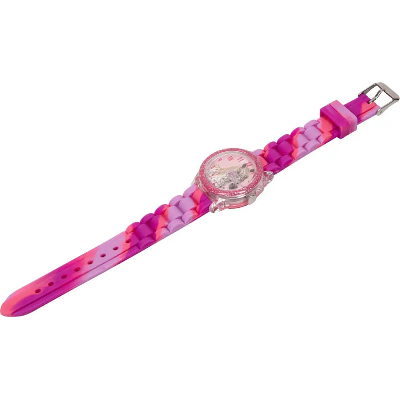 Rosa-lila Kinderuhr mit rundem Zifferblatt und Silikonarmband.