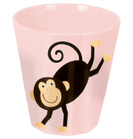 Rosa Becher mit lächelndem Affenmotiv: Der Affe steht auf Händen und Füßen, hat einen lockigen Schwanz.