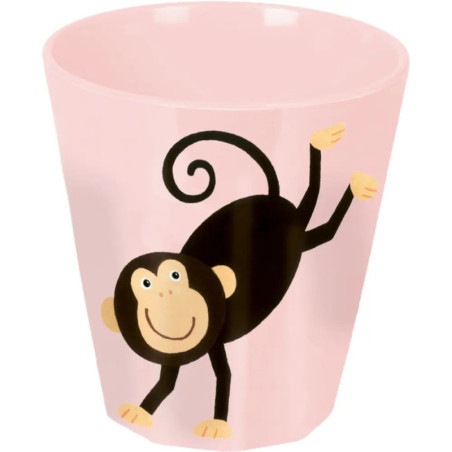 Rosa Becher mit lächelndem Affenmotiv: Der Affe steht auf Händen und Füßen, hat einen lockigen Schwanz.