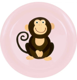 Ein rosafarbener Teller mit einem lächelnden Affen in Zeichentrickoptik in der Mitte.