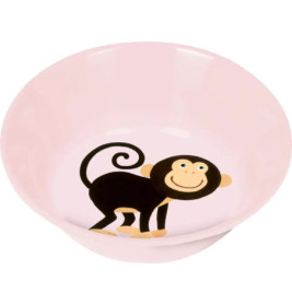 Rosa Schüssel mit einer niedlichen Cartoon-Affen-Illustration am Boden.