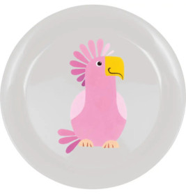 Runder Teller mit gezeichneter pinker Vogelillustration und gelbem Schnabel in der Mitte.
