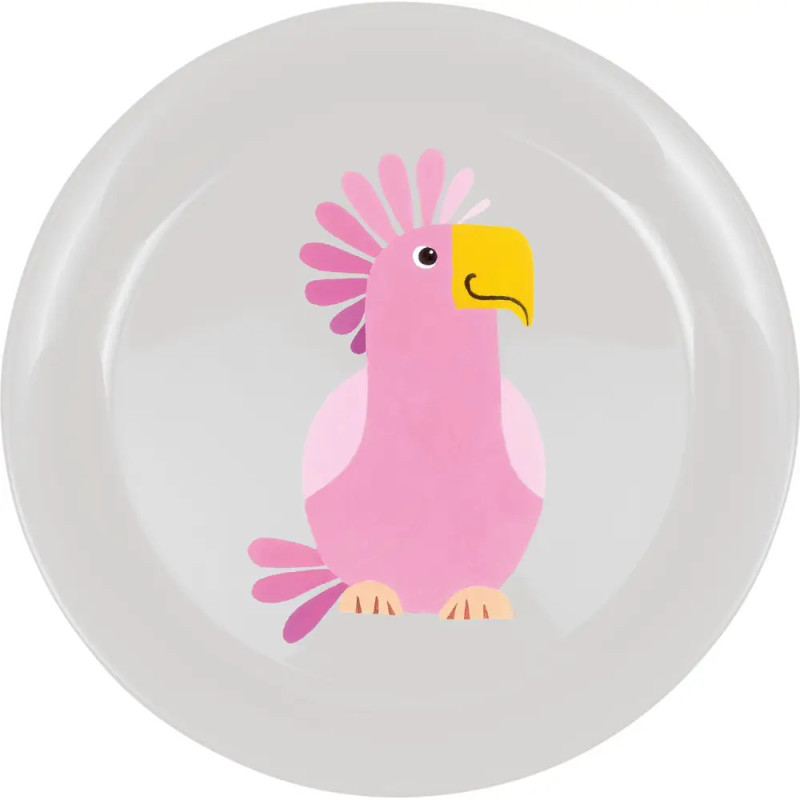 Runder Teller mit gezeichneter pinker Vogelillustration und gelbem Schnabel in der Mitte.